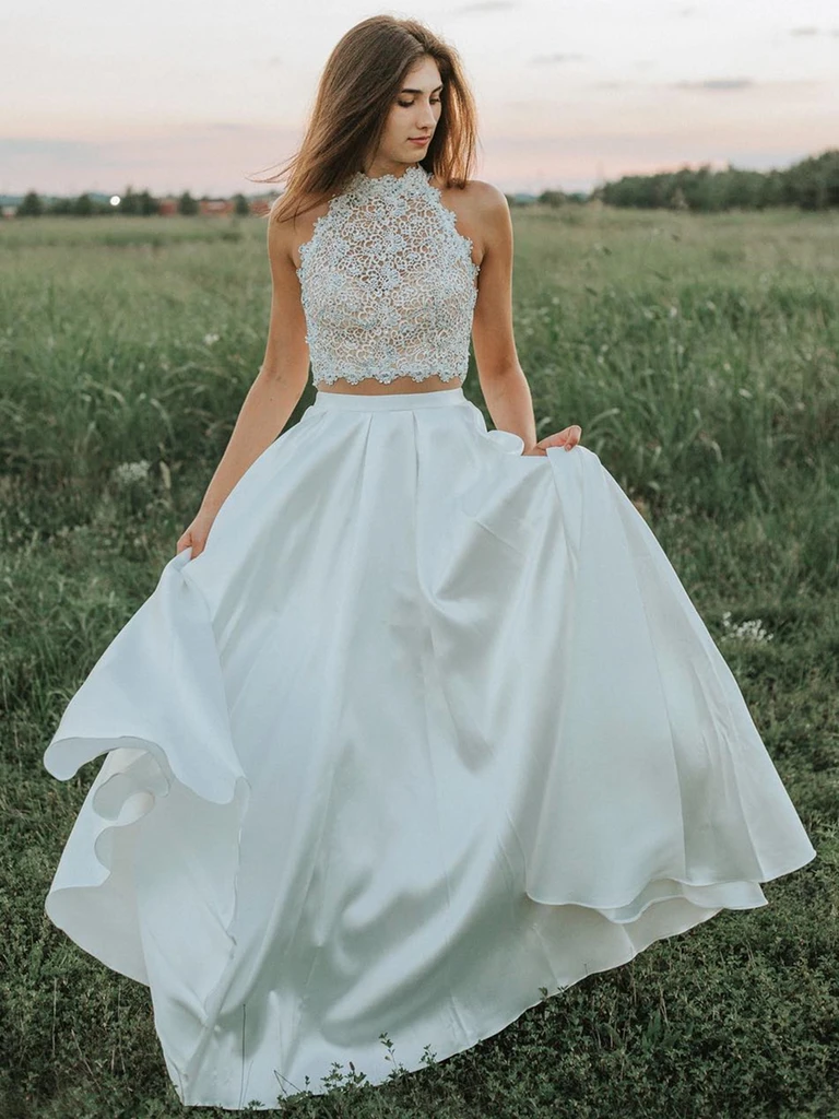 chinese dress ladies White Lace Two Piece Long Sleeves Wedding Dresses, SW359