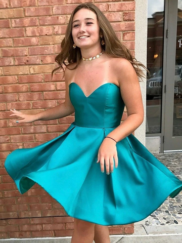 Peacock Blue Satin Short Prom Dresses, Peacock Blue Short Formal Graduation Dresses