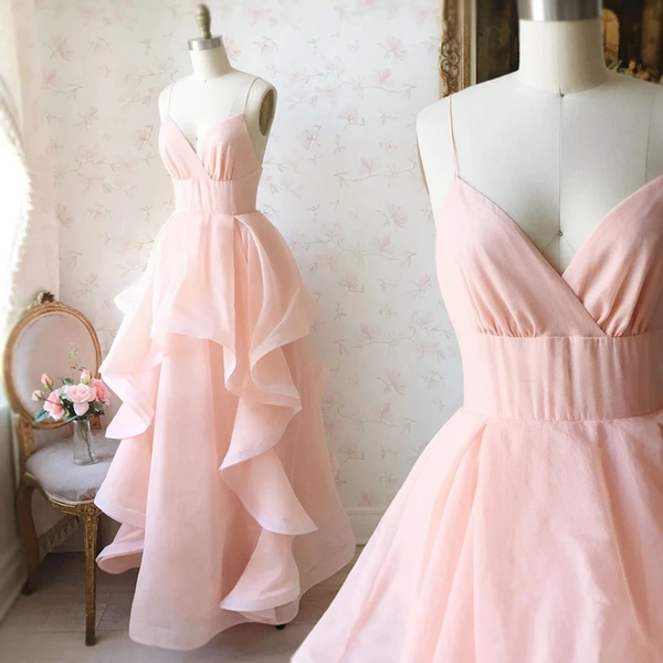 V Neck Pink Long Prom Dresses, V Neck Pink Long Formal Evening Dresses