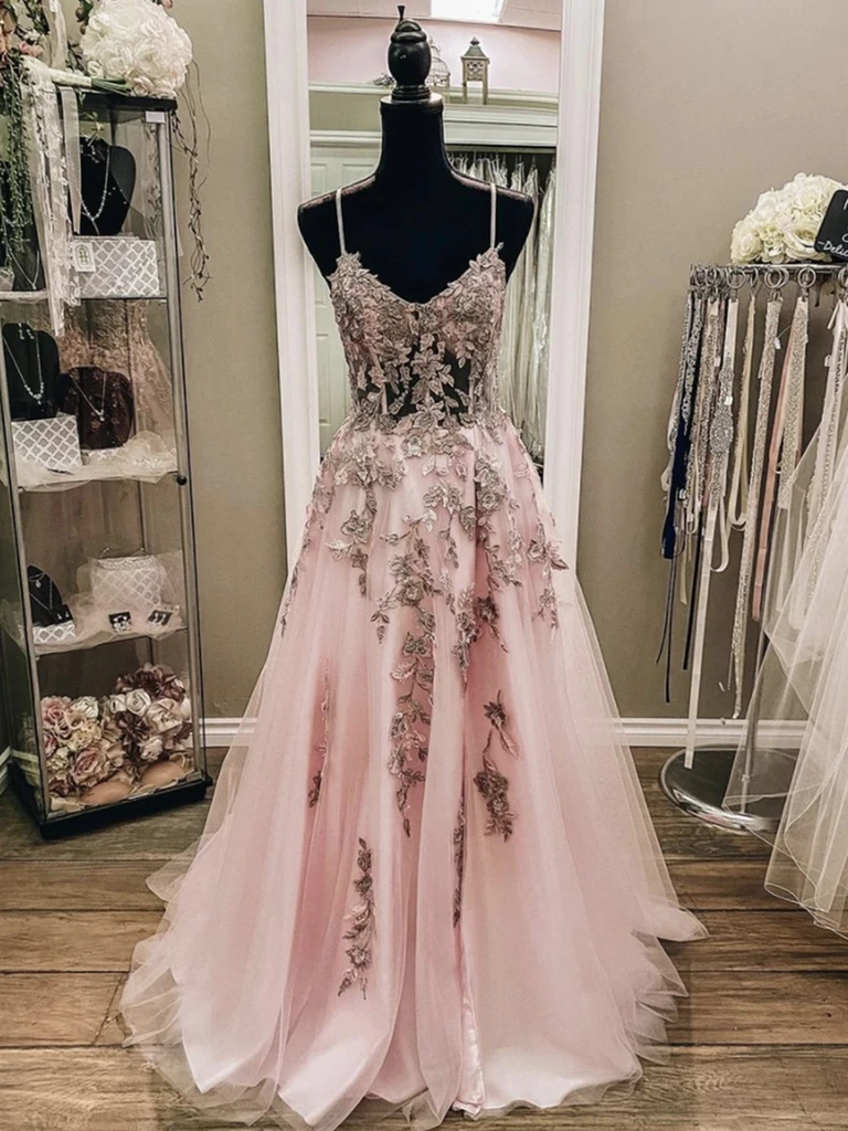 V Neck Pink Champagne Floral Lace Long Prom Dresses, Pink Champagne La – morievent