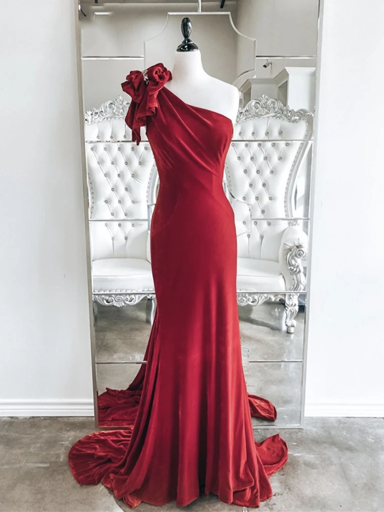 red one sleeve prom dress Red One-Shoulder Backless Prom Dress with Draped Train FD6160 Viniodress