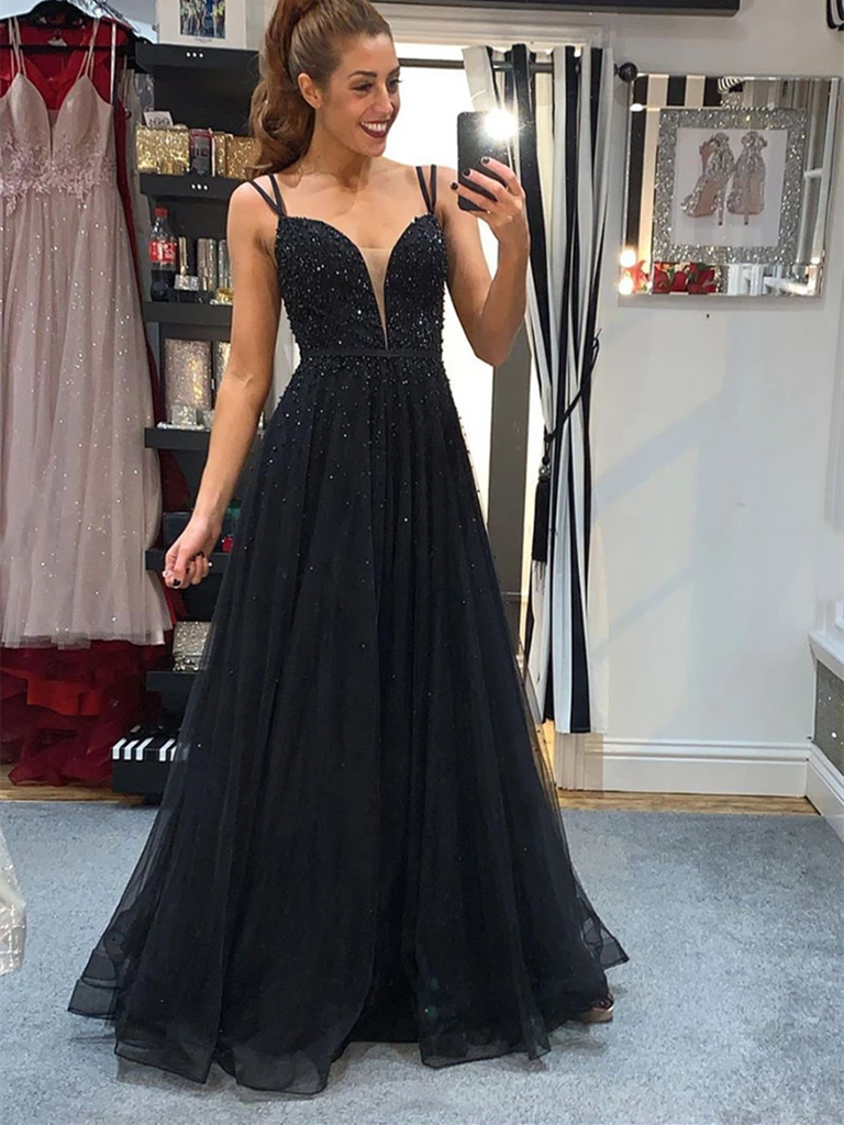 V Neck Black Tulle Beads Long Prom Dresses, Open Back Black Formal Evening Dresses