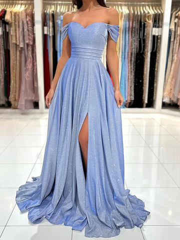 Off the Shoulder Shiny Blue Long Prom Dresses, Shiny Off Shoulder Long Formal Evening Dresses