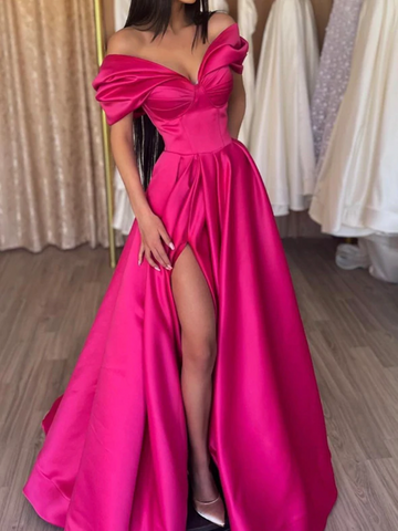 Stylish Off Shoulder Pink Long Prom Dresses, Stylish Off Shoulder Pink Long Formal Evening Dresses