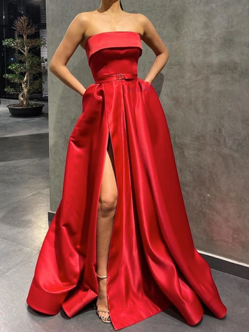 Strapless Red Satin Long Prom Dresses with High Leg Slit, Satin Red Long Formal Evening Graduation Dresses