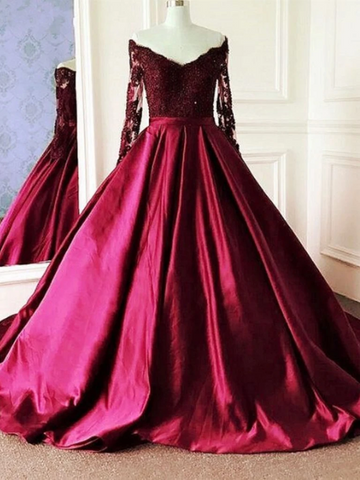 V Neck Long Sleeves Burgundy Lace Prom Gowns, Long Sleeves Wine Red Lace Formal Evening Dresses