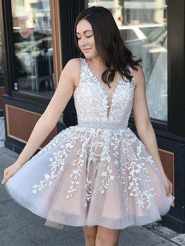 V Neck Champagne Lace Short Prom Dresses, Short Champagne Lace Formal Evening Homecoming Dresses