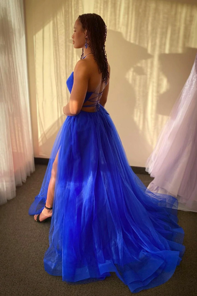 A Line V Neck Blue Tulle Long Prom Dresses, Backless Blue Tulle Long Formal Evening Dresses