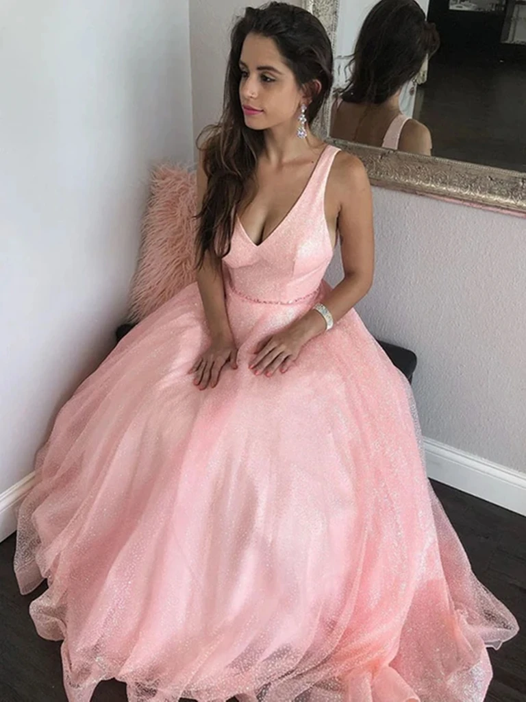 Shiny Sequin V Neck Pink Long Prom Dresses, Sparkly Pink Tulle Formal morievent Shiny Sequin V Neck Pink Long Prom Dresses, Sparkly Pink Tulle Formal morievent