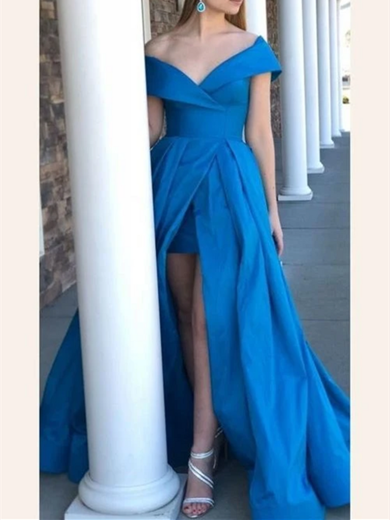 A Line Off The Shoulder Blue Satin Long Prom Dresses, Blue Off Shoulder Long Formal Evening Dresses