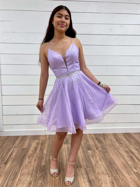 V Neck Backless Purple Tulle Prom Dresses with Belt, Backless Purple Homecoming Dresses, Short Lilac Formal Evening Dresses