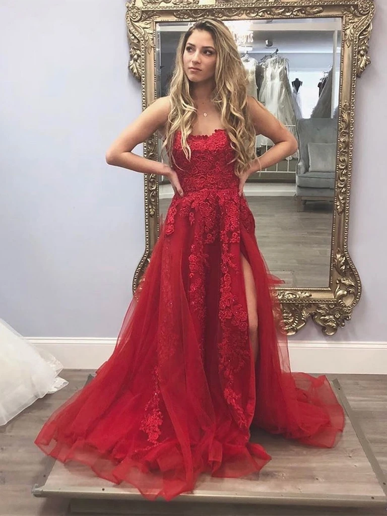 A Line Burgundy Lace Appliques Long Prom Dresses with High Slit, Burgundy Lace Formal Evening Dresses