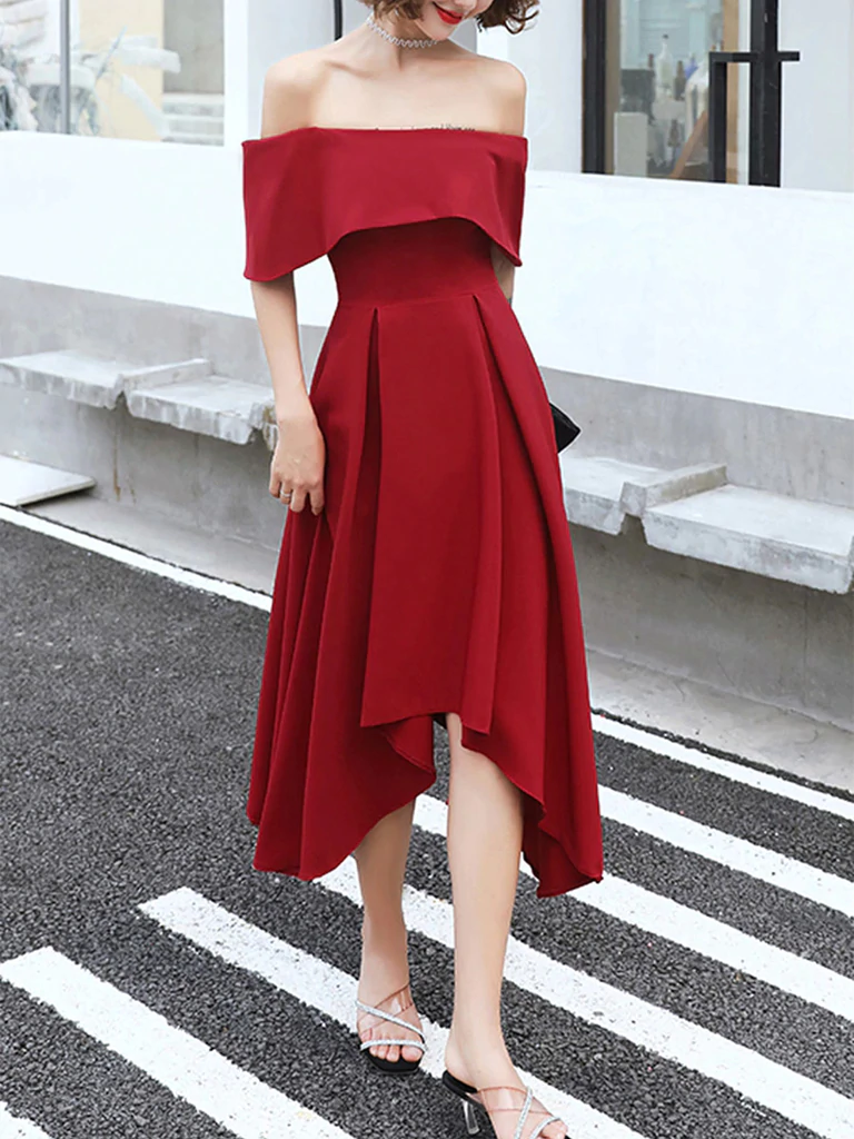 Off The Shoulder High Low Burgundy Tea Length Prom Dresses, Off Should morievent Off The Shoulder High Low Burgundy Tea Length Prom Dresses, Off Should morievent