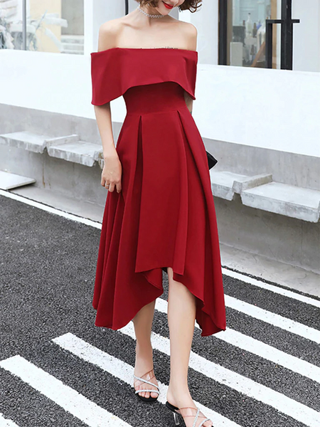 Off The Shoulder High Low Burgundy Tea Length Prom Dresses, Off Shoulder Burgundy Satin Formal Graduation Evening Dresses, Burgundy Homecoming Dresses