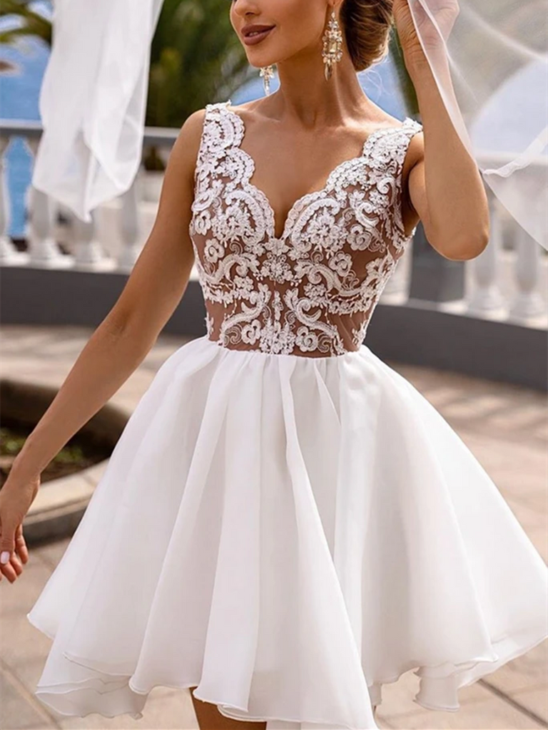 A Line V Neck White Lace Short Prom Dresses, Short White Lace Formal G morievent A Line V Neck White Lace Short Prom Dresses, Short White Lace Formal G morievent