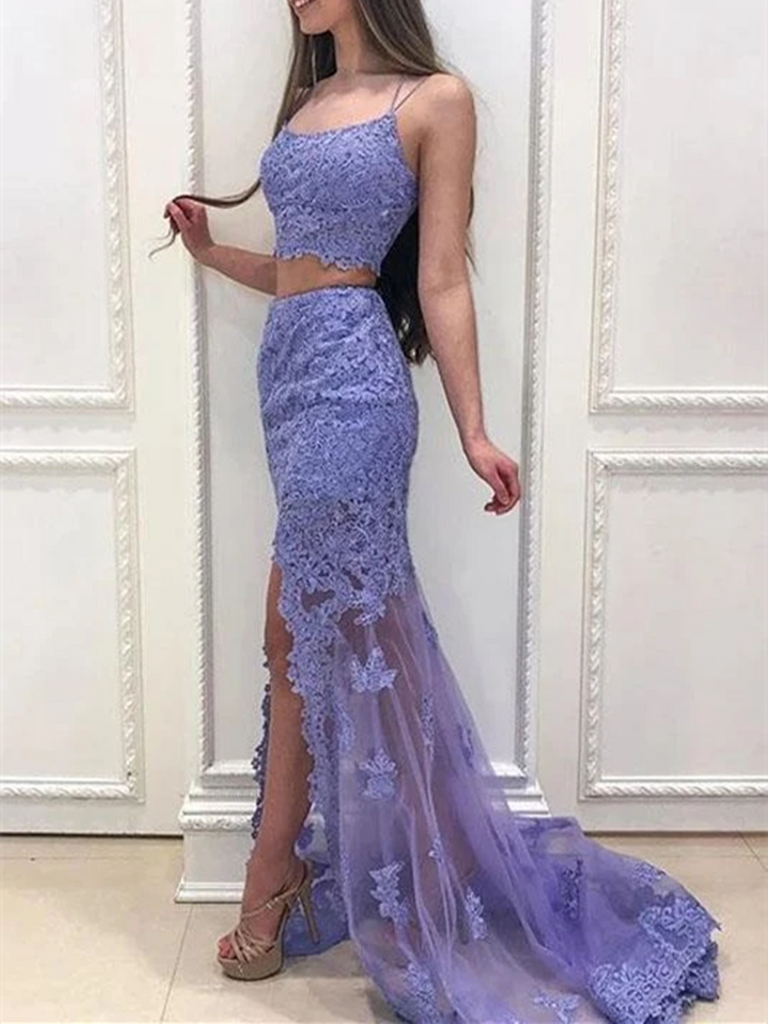 Mermaid Purple Two Pieces Lace Backless Long Prom Dresses, Mermaid Purple 2 Pieces Lace Backless Long Formal Evening Dresses
