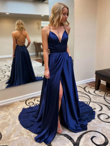 A Line V Neck Dark Blue Open Back Long Prom Dresses with Leg Slit, Stylish Backless Navy Blue Formal Evening Graduation Party Dresses