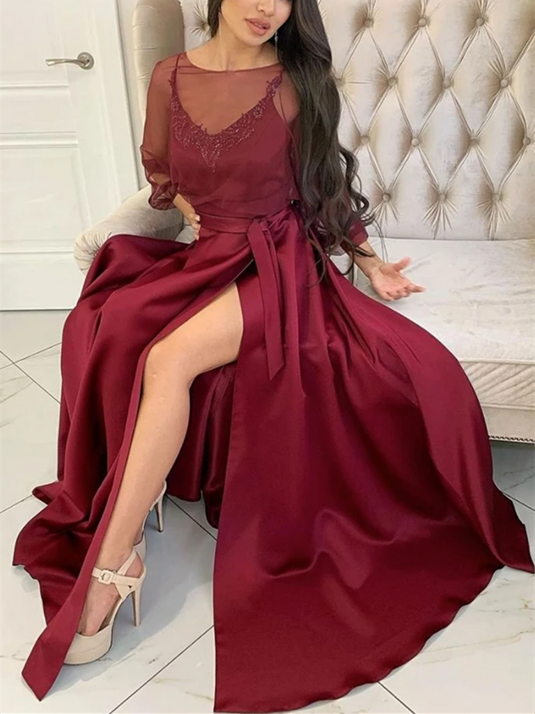 Long Sleeves Maroon Long Prom Dresses with High Leg Slit, Burgundy For morievent Long Sleeves Maroon Long Prom Dresses with High Leg Slit, Burgundy For morievent