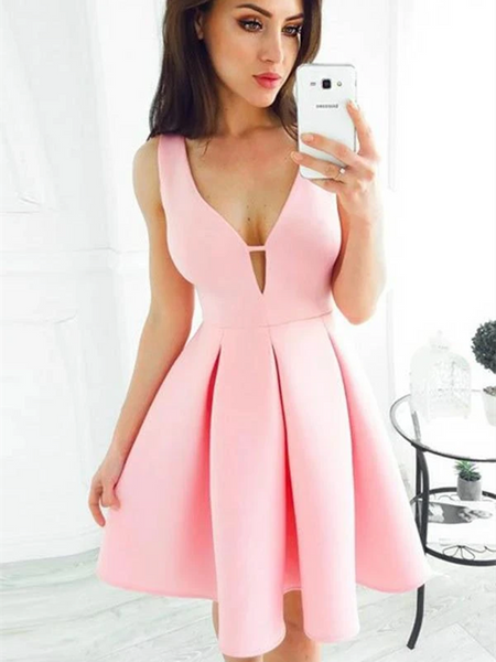 Simple Pink Satin Short Prom Dresses, Short Pink Satin Formal Evening Homecoming Dresses