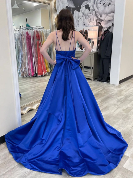 V Neck Backless Royal Blue Satin Long Prom Dresses, Backless Royal Blue Formal Dresses, Royal Blue Evening Dresses