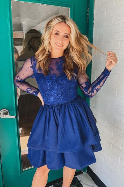 Long Sleeves Blue Lace Short Prom Dresses, Short Blue Lace Formal Evening Homecoming Dresses