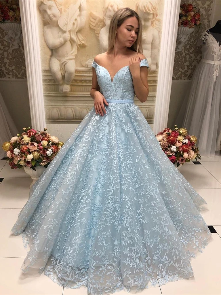 Off Shoulder Sky Blue Lace Long Prom Dresses, Sky Blue Lace Ball Gown, morievent Off Shoulder Sky Blue Lace Long Prom Dresses, Sky Blue Lace Ball Gown, morievent