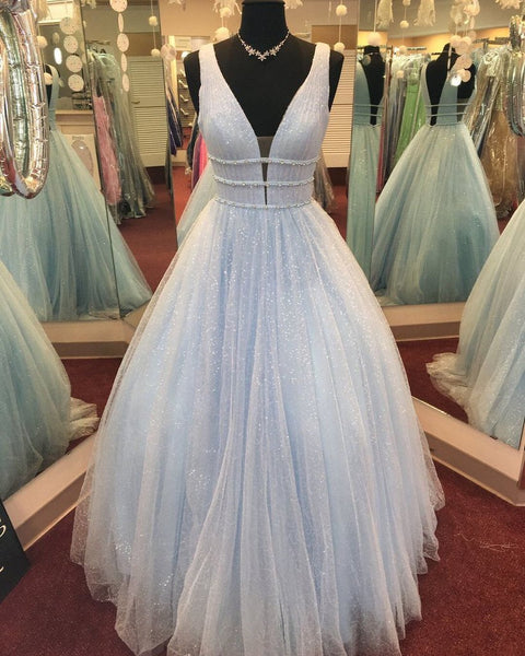 V Neck Yellow/Pink/Light Blue Long Prom Dresses, Yellow/Pink/Light Blue Formal Evening Dresses