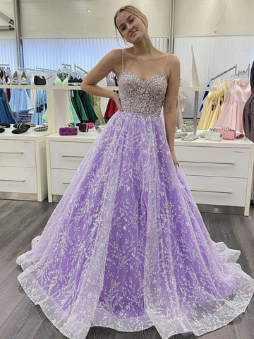 Sweetheart Neck Open Back Purple Lace Long Prom Dresses, Purple Lace Formal  Evening Dresses