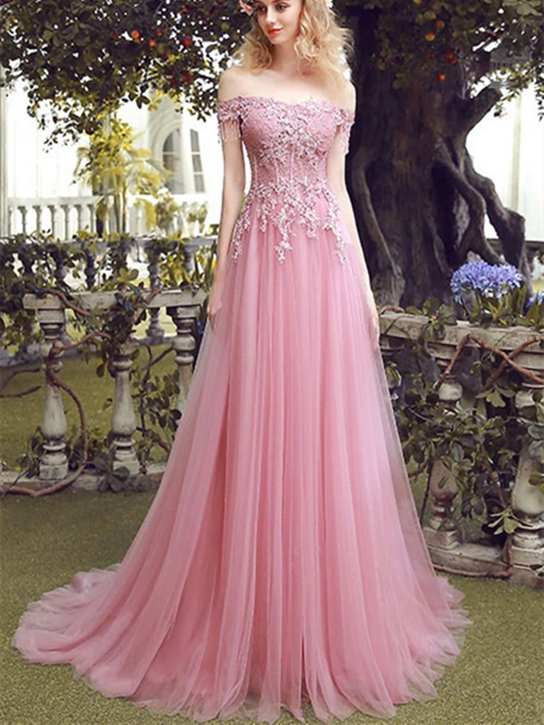Off Shoulder Pink Lace Tulle Long Prom Dresses, Lace Tulle Pink Bridesmaid Dresses, Pink Lace Tulle Long Formal Evening Dresses