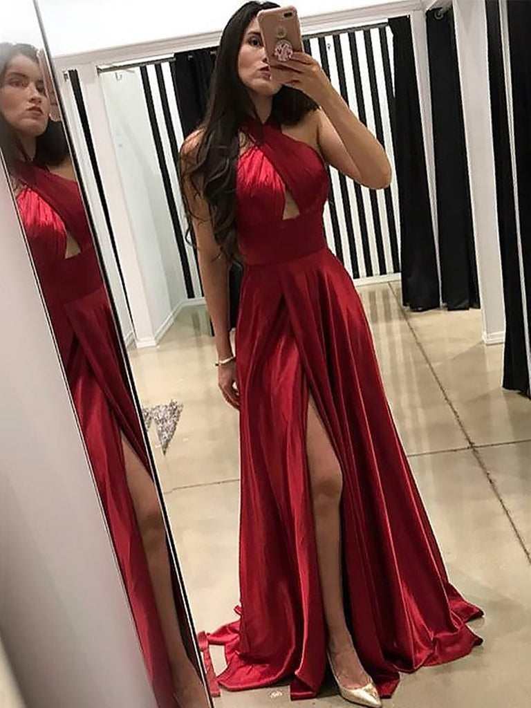 Halter neck burgundy backless satin long prom dresses with leg slit, B morievent Halter neck burgundy backless satin long prom dresses with leg slit, B morievent