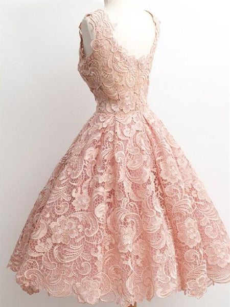 Custom Made Blush Lace Short Party Prom Dresses, Blush Lace Short Graduation Homecoming Dresses