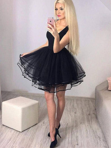 Cute black tulle short prom dress, Black tulle short graduation dress