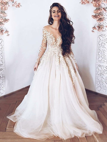 Champagne Lace Appliques Tulle Long Prom Dresses With Long Sleeves, Champagne Lace Wedding Dresses