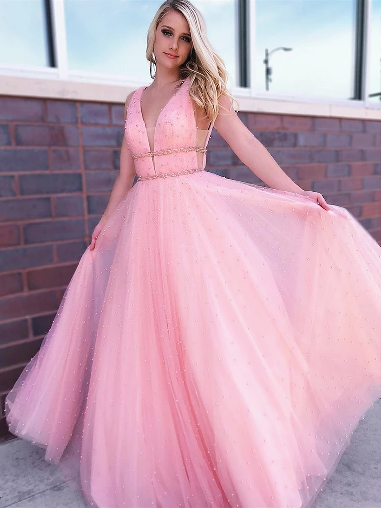 A Line  V Neck Pink Beaded Long Prom Dresses, Pink Long Beaded Formal Evening Graduation Dresses