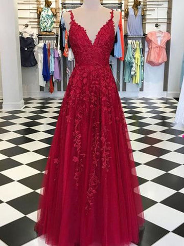 A Line V Neck Tulle Lace Long Prom Dresses, V Neck Floor Length Applique Formal Dresses