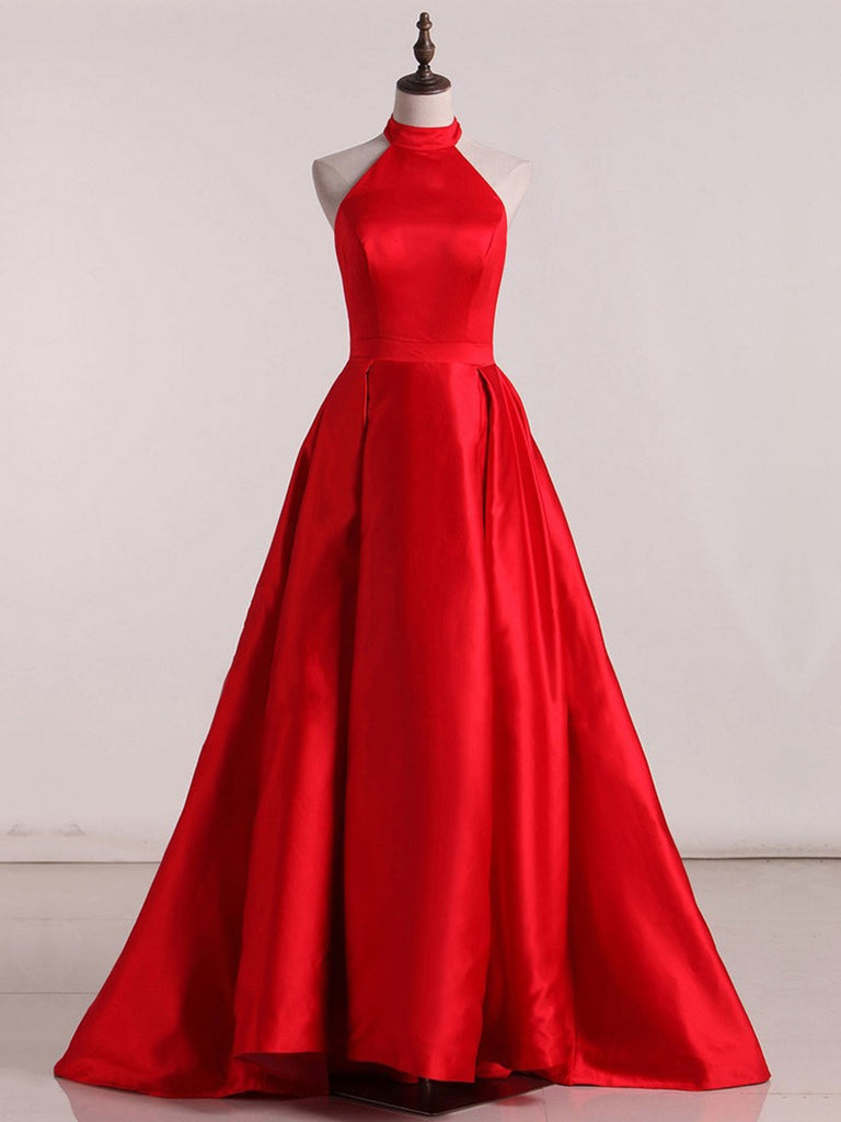 High Neck Red Satin Long Prom Dresses With Sweep Train, High Neck Red Satin Long Evening Dresses
