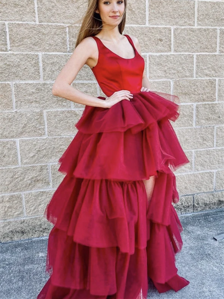 A Line High Low Red Prom Dresses, Red High Low Formal Evening Dresses