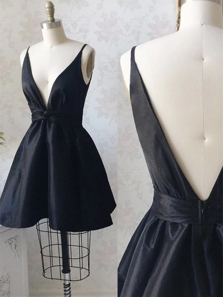 Deep V Neck Black satin short prom dresses,  Short Black Homecoming Dresses, Open Back Formal Evening Graduation Dresses