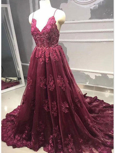 V Neck Burgundy Backless Lace Prom Dresses, Burgundy Lace Sweep Train Formal Evening Dresses