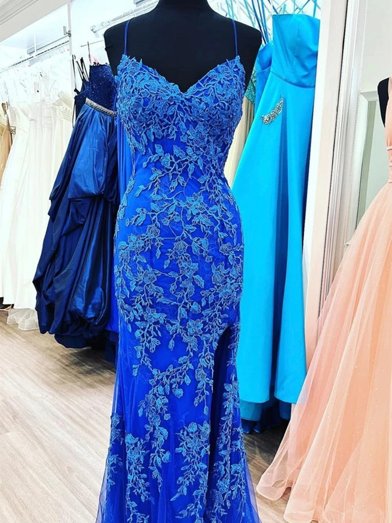 V Neck Blue Lace Mermaid Prom Dresses, Blue Mermaid Lace Formal Gradua morievent V Neck Blue Lace Mermaid Prom Dresses, Blue Mermaid Lace Formal Gradua morievent