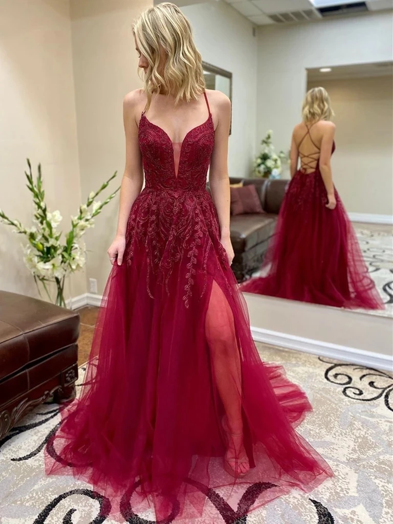 V Neck Burgundy Lace Backless Long Prom Dresses with Leg Slit, Backless Burgundy Lace Formal Dresses, Burgundy Lace Backless Evening Dresses