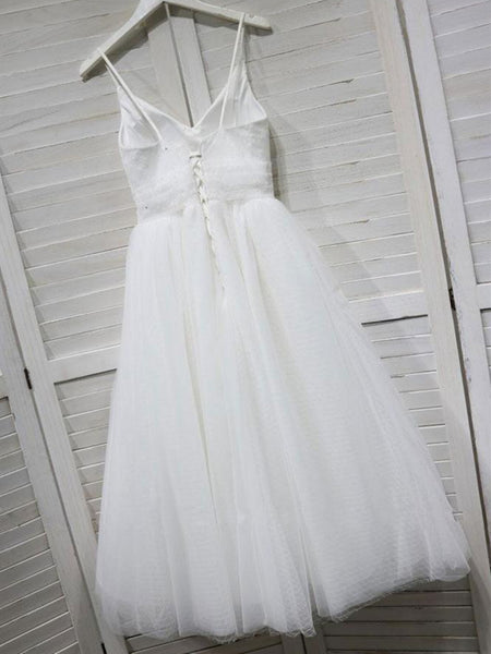 V Neck White Tulle Lace Short Prom Dress, White Tulle Lace Short Formal Evening Graduation Dress