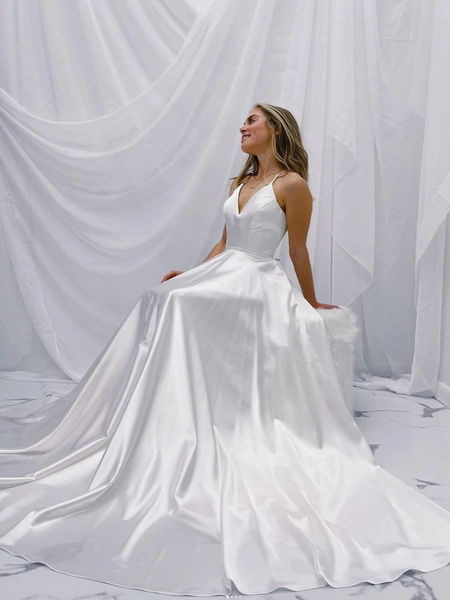 Simple V Neck White Satin Long Prom Dresses, White Satin Backles Long Formal Evening Dresses