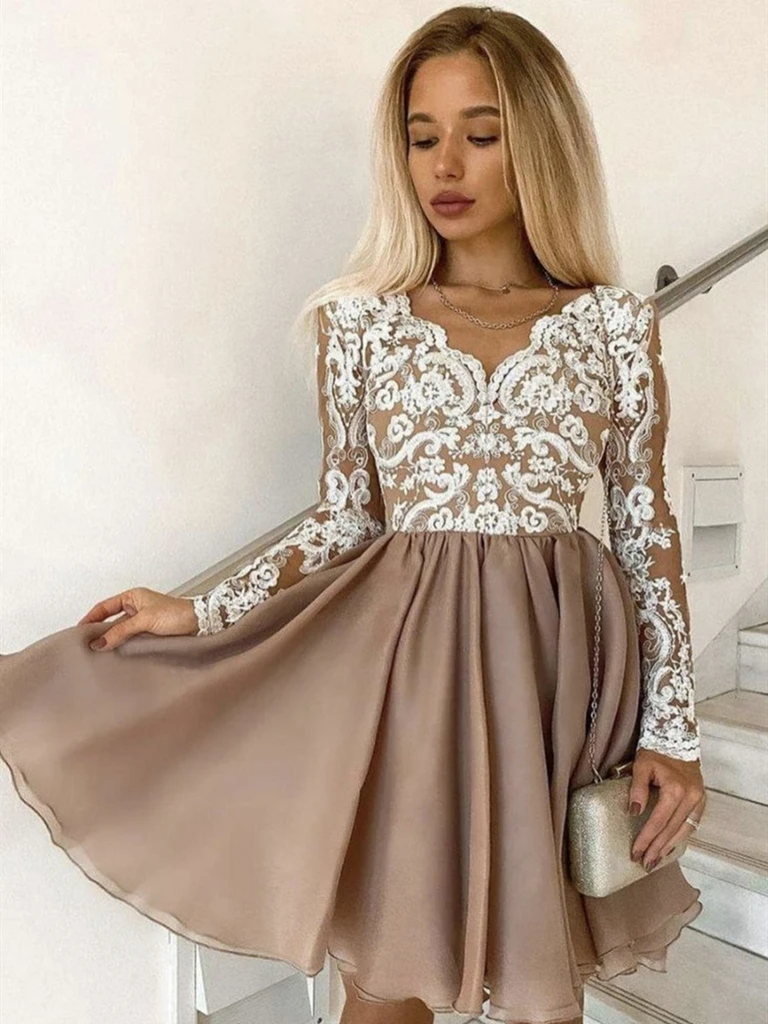 Long Sleeves Champagne Lace Short Prom Dresses, Short Champagne Lace F morievent Long Sleeves Champagne Lace Short Prom Dresses, Short Champagne Lace F morievent