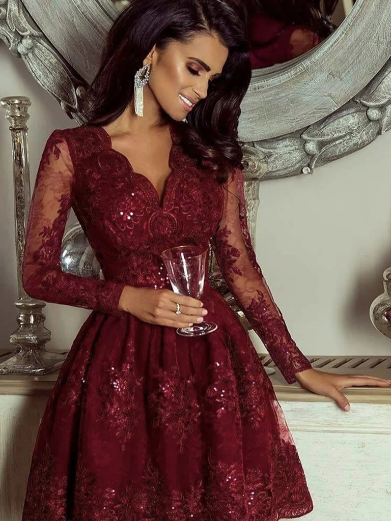 A Line V Neck Burgundy Lace Short Prom Dresses, Long Sleeves Short Burgundy Lace Homecoming Graduation Dresses