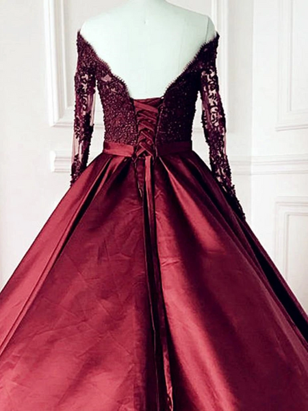 V Neck Long Sleeves Burgundy Lace Prom Gowns, Long Sleeves Wine Red Lace Formal Evening Dresses
