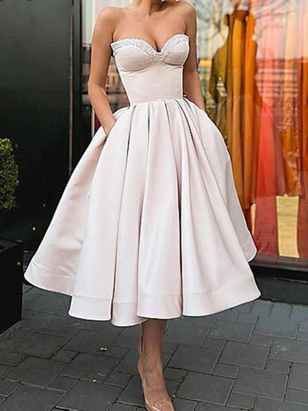Short Light Pink Satin Prom Dresses, Light Pink Short Formal Homecoming Dresses