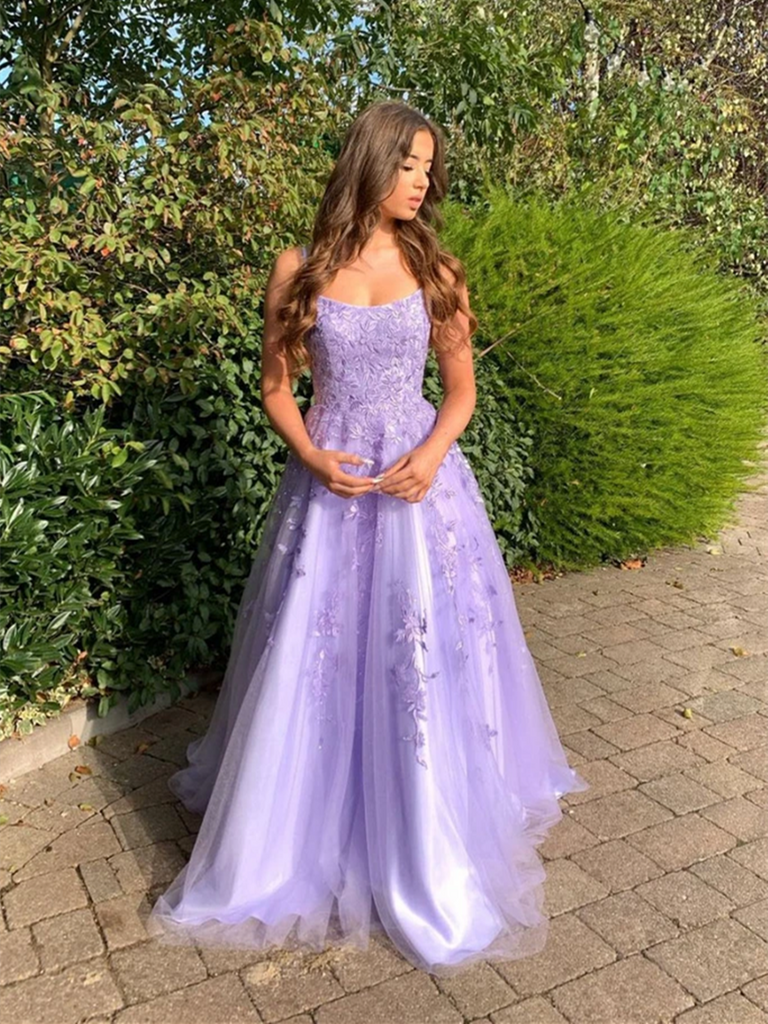 A Line Purple Lace Long Prom Dresses, A Line Purple Lace Long Formal Evening Dresses