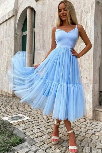 Simple V Neck Burgundy Tulle Prom Dresses, Simple V Neck Blue Tulle Prom Dresses