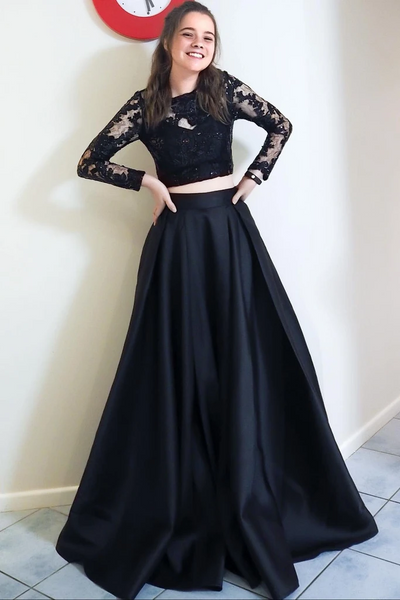 Round Neck  Two Pieces Long Sleeves Black Lace Long Prom Dresses, 2 Pieces Black Lace Long Formal Evening  Dresses